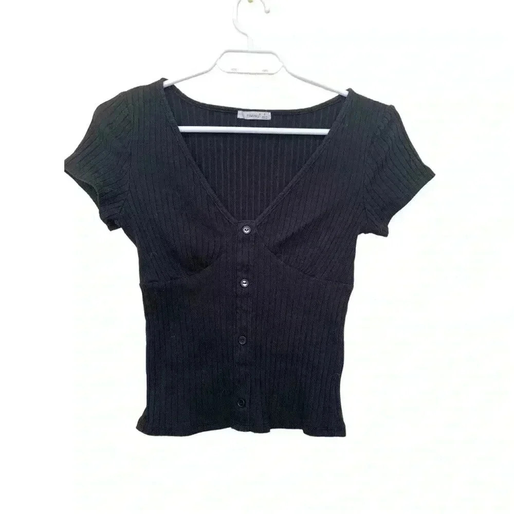 Timing  Ribbed & Fitted Black Lightweight Top, Size Small